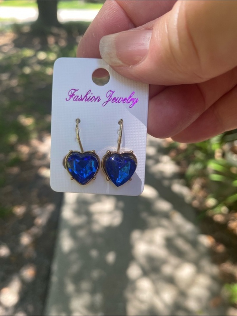 Fashion Jewelry Royal Blue Heart Dangle Earrings - Gold Tone